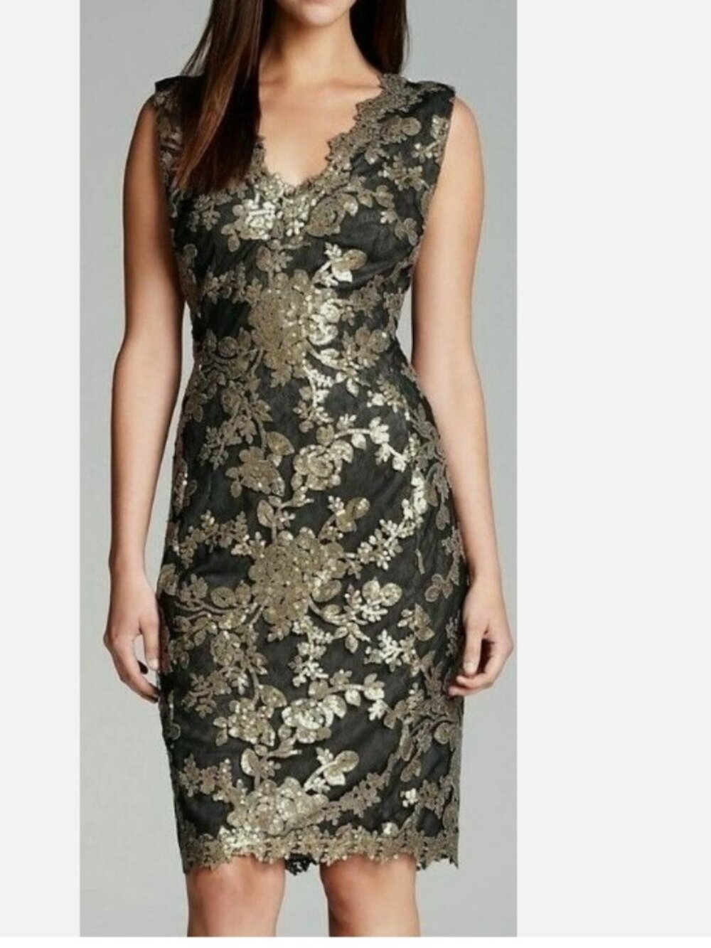 Tadashi Shoji Sequin Paillette Embroidered Lace Smoked Pearl Dress Gold Sequin 6